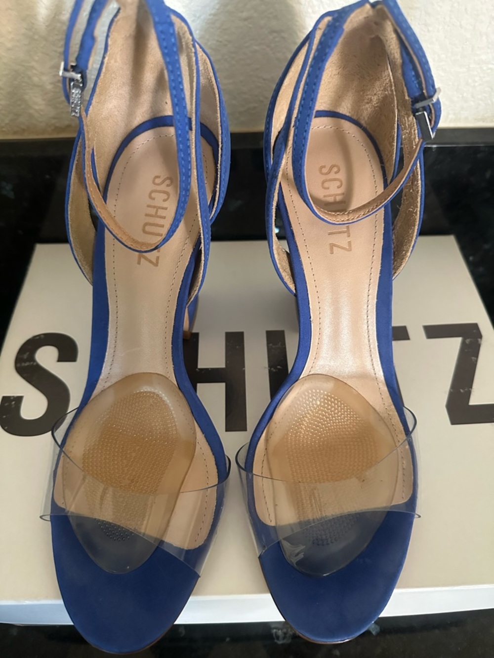 SCHUTZ Royal Blue Suede Ankle-Strap Heels with Clear Toe Band